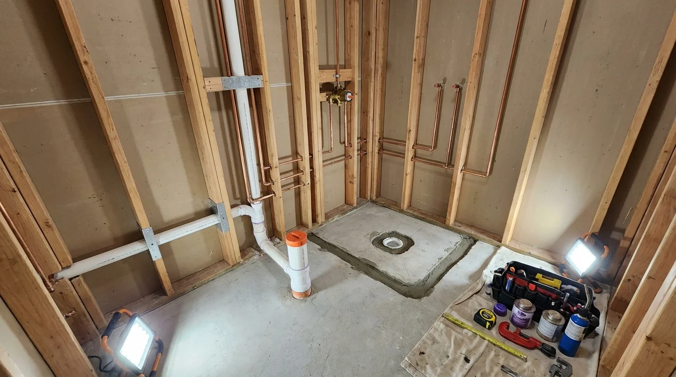 Bathroom rough-in plumbing during remodel by Johns Plumbing LLC in Newkirk