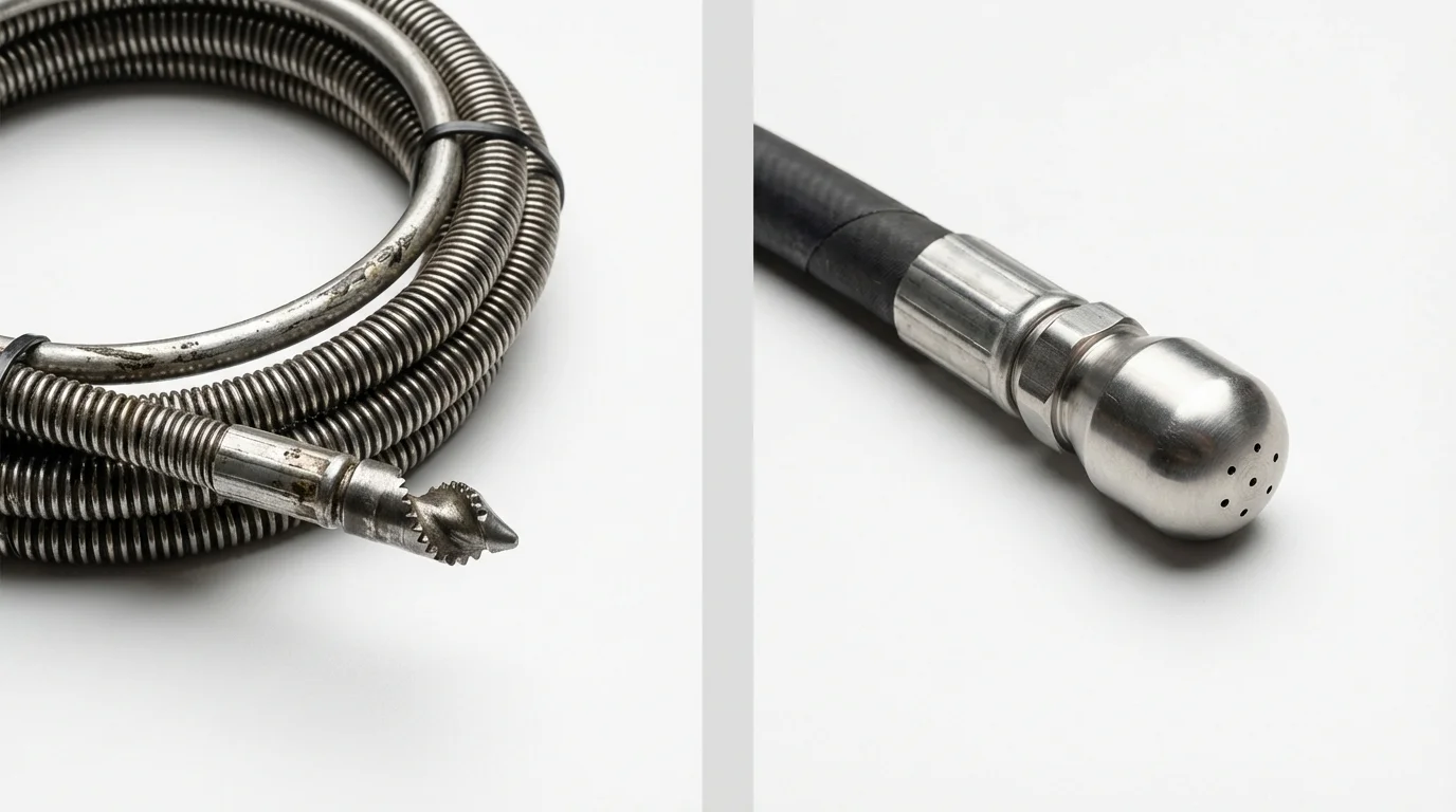 Drain snake cable and hydro jetting nozzle used for drain cleaning in Newkirk, OK