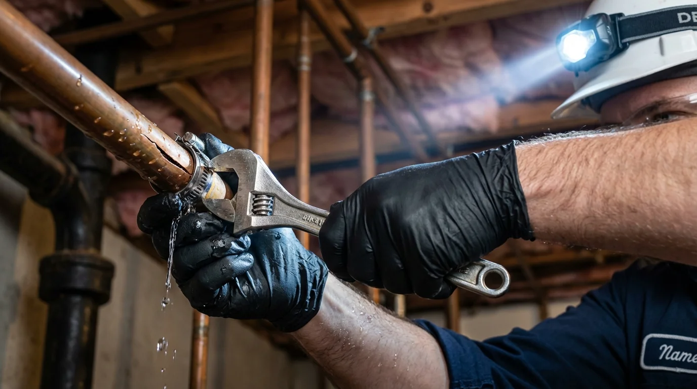 Emergency pipe clamp repair being performed by a Johns Plumbing LLC plumber in Newkirk