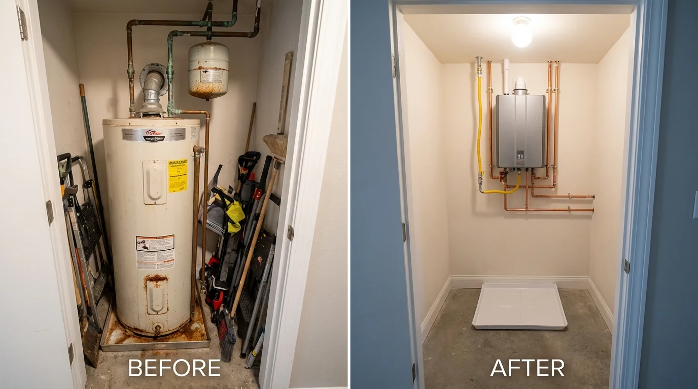 Tank water heater versus wall-mounted tankless unit comparison for Newkirk, OK homeowners