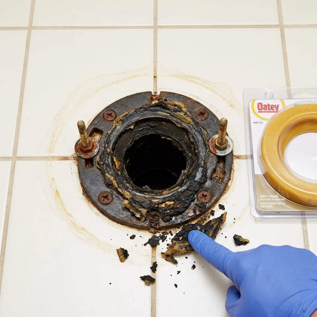 Failed wax ring showing water seepage at the base of a toilet in a Newkirk, OK home