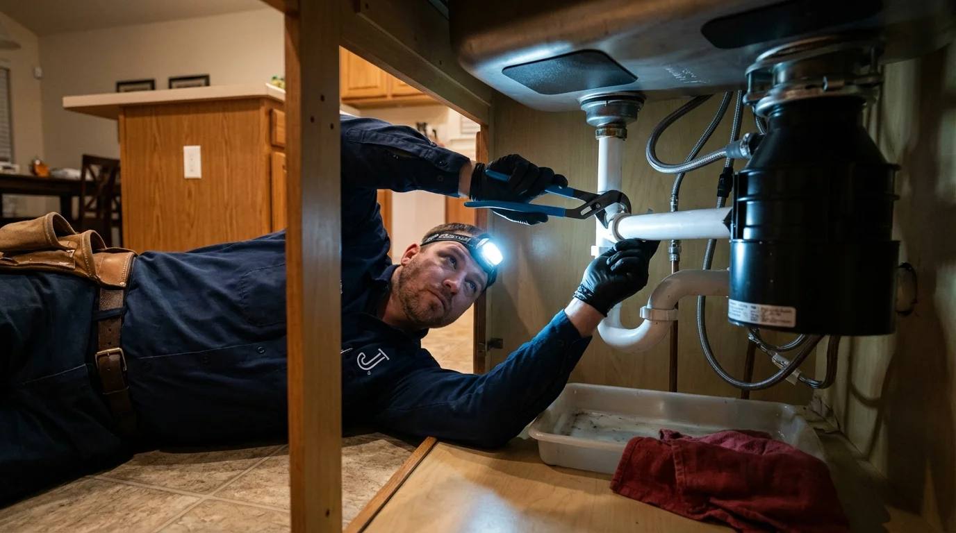 P-trap and supply line connections under a kitchen sink showing a common leak point in Newkirk, OK